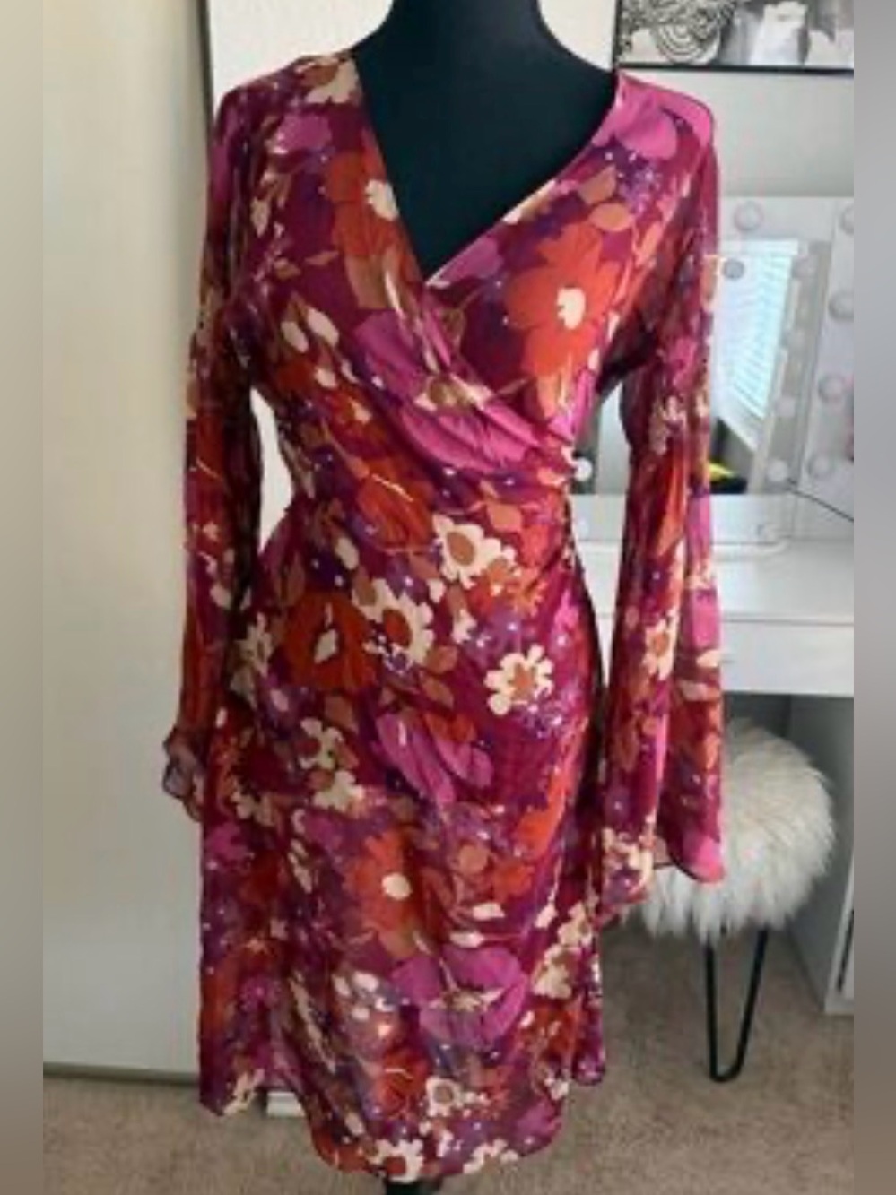 Moda International Silk floral Burgundy dress Size 14 New